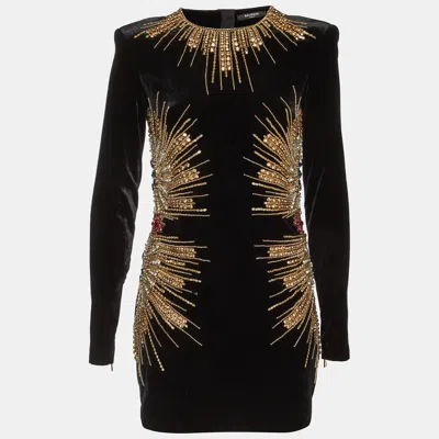 Pre-owned Balmain Black Velvet Embellished Mini Dress M