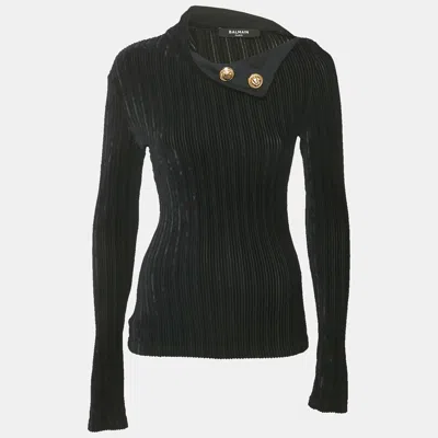 Pre-owned Balmain Black Velvet Rib Knit Pullover S