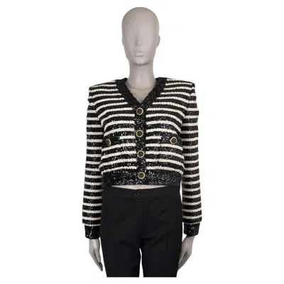 Pre-owned Balmain Black White 2024 Striped Sequin Cropped Jacket 36 Xs
