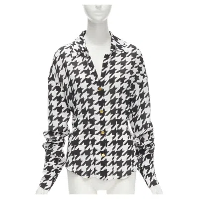 Pre-owned Balmain Black White Houndstooth Viscose Gold B Button Long Sleeve Blouse Fr38 S