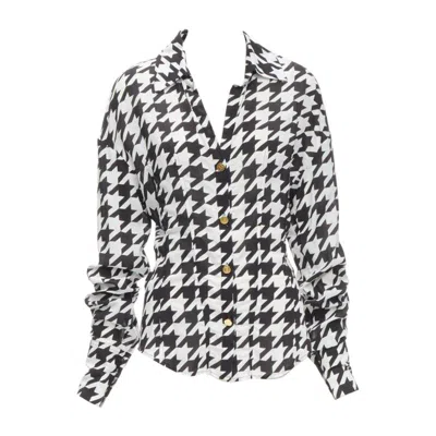 Pre-owned Balmain Black White Houndstooth Viscose Gold B Button Long Sleeve Blouse Fr38 S