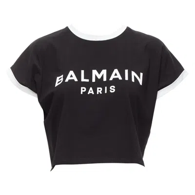 Pre-owned Balmain Black White Logo Cap Short Sleeve Ringer Cropped Tshirt Xxs