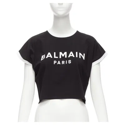 Pre-owned Balmain Black White Logo Cap Short Sleeve Ringer Cropped Tshirt Xxs