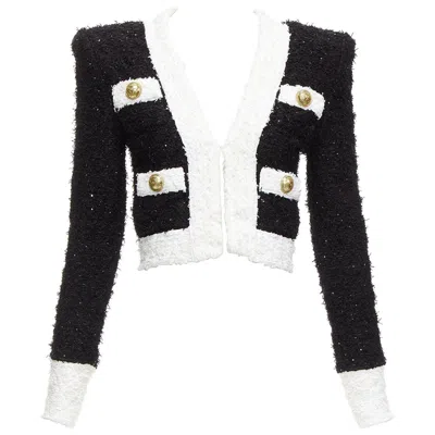 Pre-owned Balmain Black White Metallic Tweed 4 Pockets Cropped Blazer Jacket Fr34 Xs
