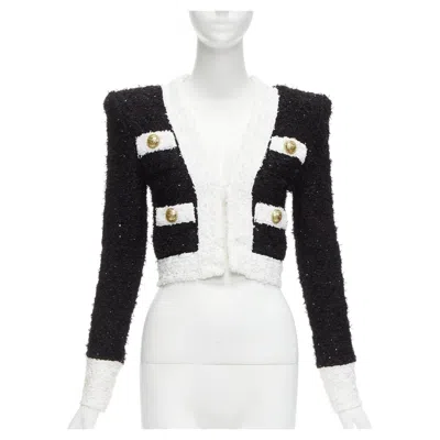 Pre-owned Balmain Black White Metallic Tweed 4 Pockets Cropped Blazer Jacket Fr34 Xs