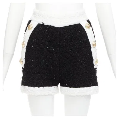 Pre-owned Balmain Black White Sequins Tweed Gold Buttons Zip High Waisted Shorts Fr34 Xs