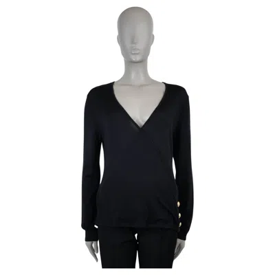 Pre-owned Balmain Black Wool & Silk Faux Wrap Side Button Sweater 42 L