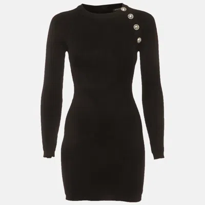 Pre-owned Balmain Black Wool Blend Knit Zip Up Mini Dress S