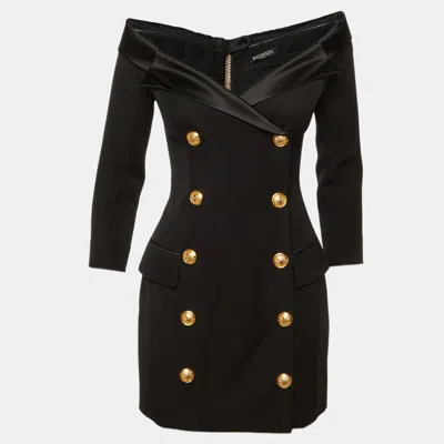 Pre-owned Balmain Black Wool Double Breasted Off-the-shoulder Dress M