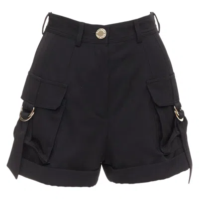 Pre-owned Balmain Black Wool Gold Logo Button Pocketed Cargo Shorts Fr36 S