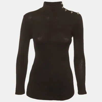 Pre-owned Balmain Black Wool Knit Button Detail Mockneck Jumper M