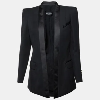 Pre-owned Balmain Black Wool Satin Trim Open Front Structured Blazer M