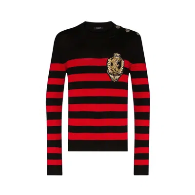 Balmain Black Wool Sweater In Red