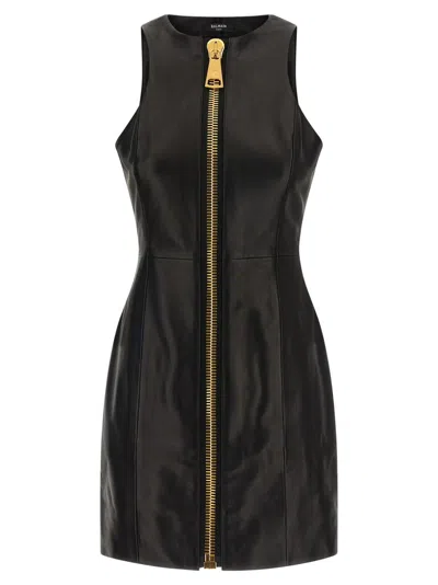 BALMAIN BLACK ZIP LEATHER DRESS