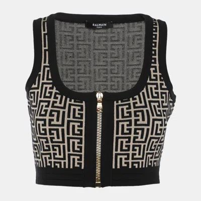 Pre-owned Balmain Black/beige Wool Jacquard Knit Crank Top S