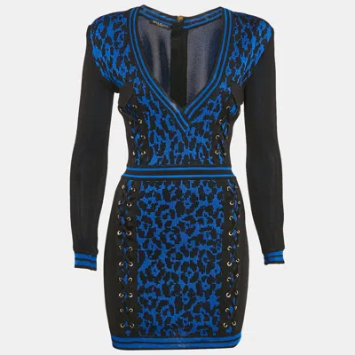 Pre-owned Balmain Black/blue Leopard Knit Lace-up Mini Dress S