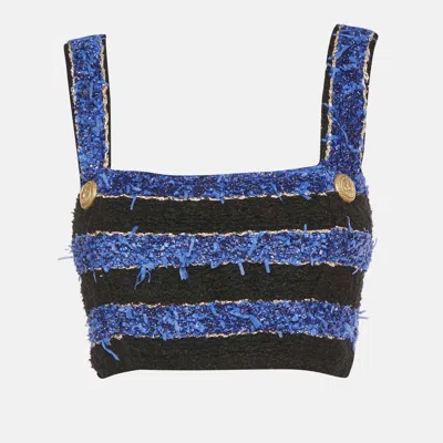Pre-owned Balmain Black/blue Textured Tweed Crop Top M