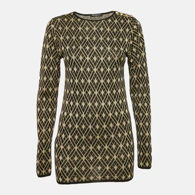 Pre-owned Balmain Black/gold Patterned Lurex Knit Jumper M