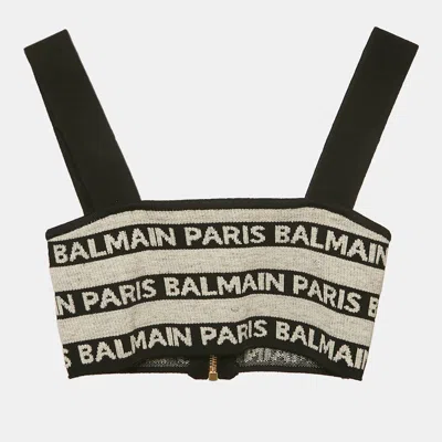 Pre-owned Balmain Black/grey Logo Striped Stretch Knit Crop Top S