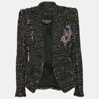 Pre-owned Balmain Black/multicolor Tinsel Tweed Applique Detail Open Front Blazer S