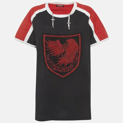 Pre-owned Balmain Black/red Embroidered Jersey Short Dress Xxl