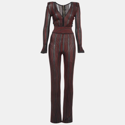 Pre-owned Balmain Black/red Striped Stretch Sheer Jumpsuit S