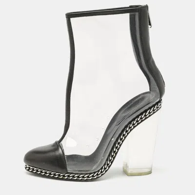 Pre-owned Balmain Black/transparent Leather And Pvc Cap Toe Ankle Length Boots Size 39