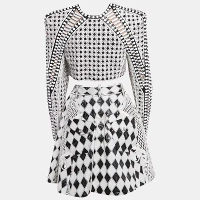Pre-owned Balmain Black/white Crystal Embellished Wool And Leather Blazer And Skirt S