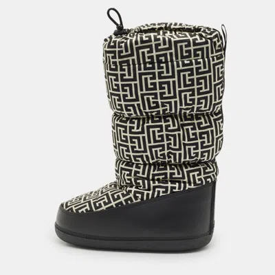 Pre-owned Balmain Black/white Fabric And Leather Monogram Polyamide Snow Boots Size 38- 40