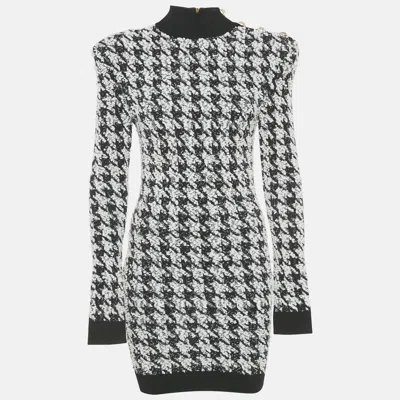 Pre-owned Balmain Black/white Houndstooth Tweed Bodycon Dress S