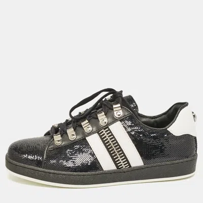 Pre-owned Balmain Black/white Leather And Sequins Lace Up Sneakers Size 38