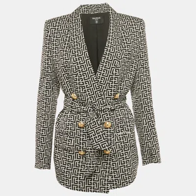 Pre-owned Balmain Black/white Monogram Cupro Double Breasted Blazer S