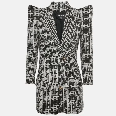 Pre-owned Balmain Black/white Monogram Wool Peak Shoulder Blazer M