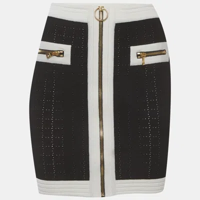Pre-owned Balmain Black/white Stretch Knit Zip Up Mini Skirt S