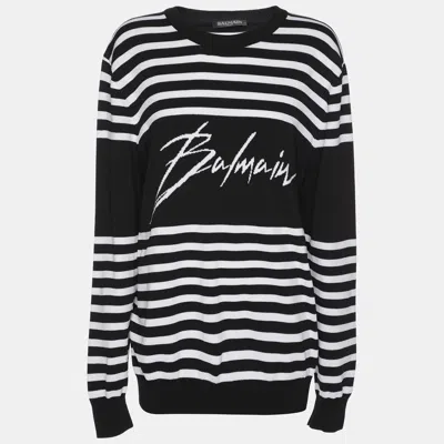 Pre-owned Balmain Black/white Striped Knit Fabric Crew Neck Sweater M
