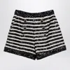 Balmain Black And White Striped Shorts With Jewel Buttons In All-over Sequins Fabric Woman In Black
