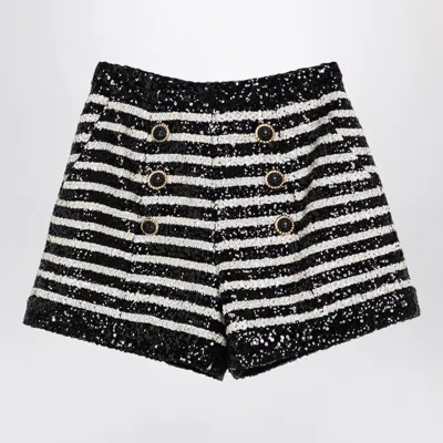 BALMAIN BLACK/WHITE STRIPED SHORTS WITH SEQUINS