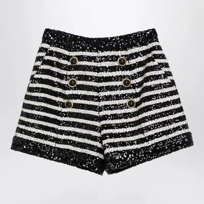 BALMAIN BALMAIN BLACK/WHITE STRIPED SHORTS WITH SEQUINS