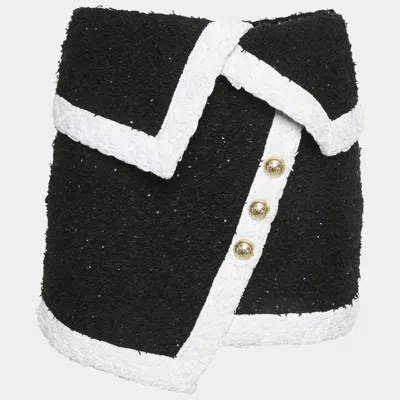 Pre-owned Balmain Black/white Tweed Wrap Mini Skirt S