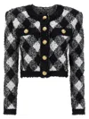 Balmain Vichy Tweed Short Jacket In Blackwhite