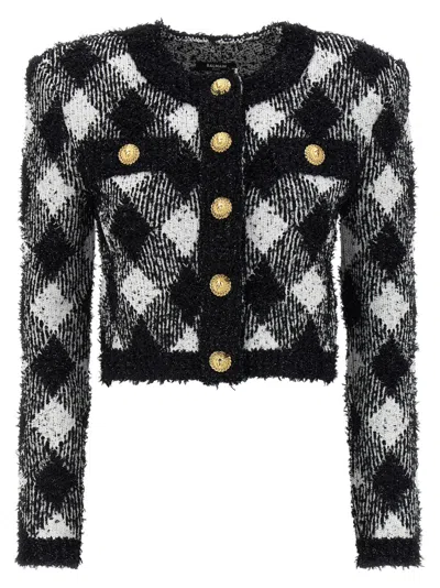 BALMAIN BLACKWHITE VICHY TWEED SHORT JACKET