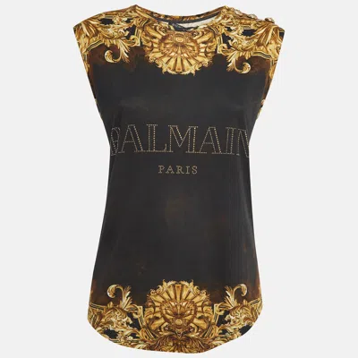 Pre-owned Balmain Black/yellow Printed Jersey Sleeveless T-shirt M