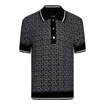 Balmain Pb Labyrinth Jacquard Knit Polo T-shirt In Black