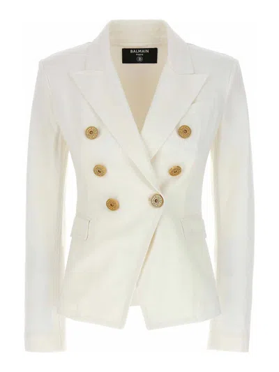 Balmain Double-breasted Denim Blazer In White