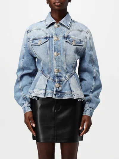 Balmain Peplum Denim Jacket In Blue