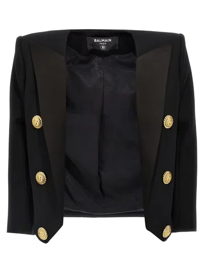 Balmain Double-breasted Gold Button Blazer In Black