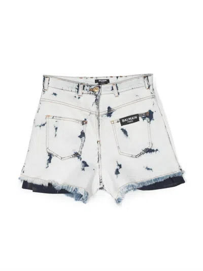 Balmain Kids' Bleached Denim Mini Shorts In Blue