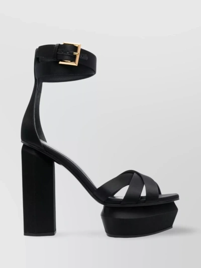 Balmain Block Heel Leather Sandals With Crossover Detail In Black