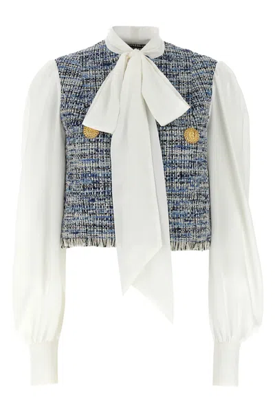 Balmain Blouse 'tweed & Crepe Cropped' In Multi