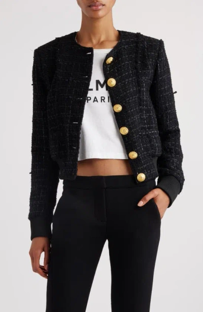 Balmain Button-front Tweed Blouson Jacket In Black